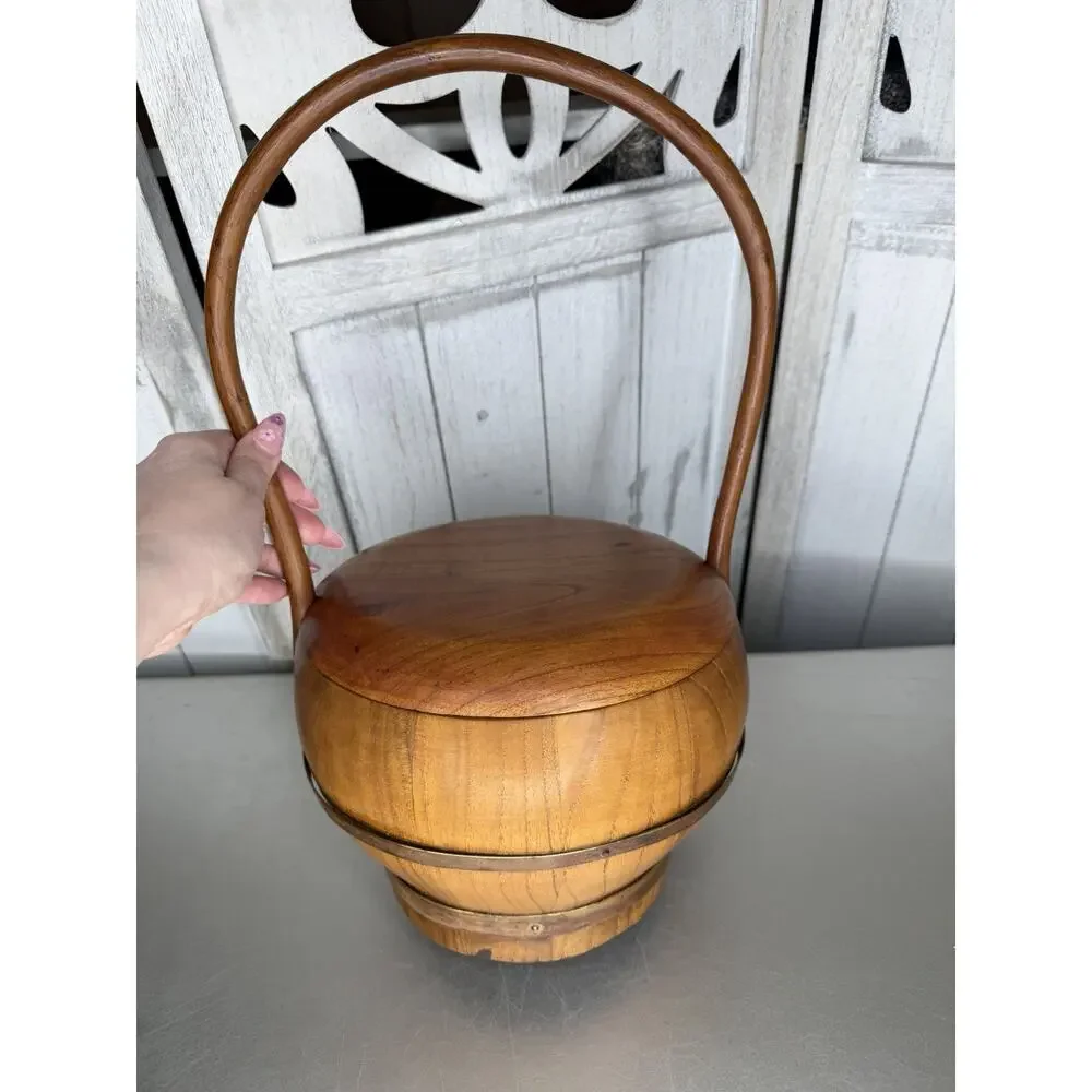 Antique Chinese Wooden Wedding Basket Handle And Lid Wood Asian Decor VTG